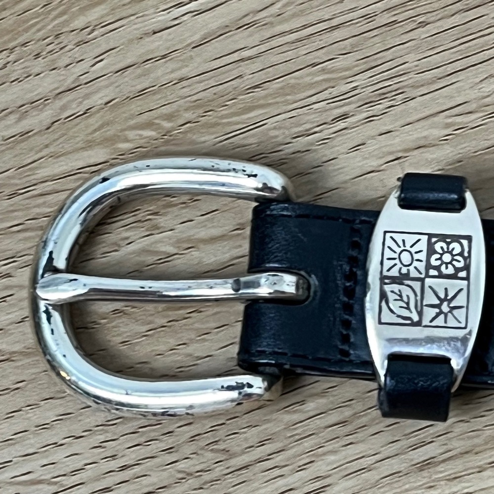 VTG L.L. Bean Classic Leather Belt Medium 10 Black Silver Nature Sun Flower